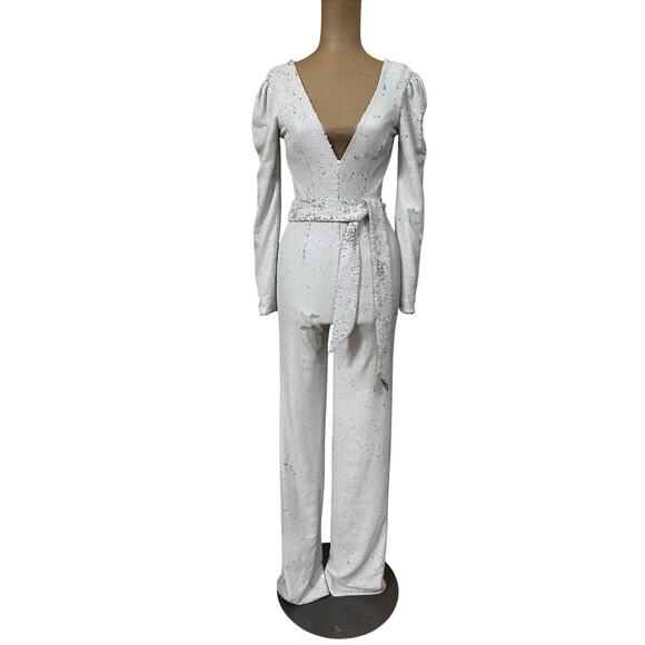 Dress the Population Jumpsuit White & Silver Sequin Long Sleeve - Picture 2 of 12